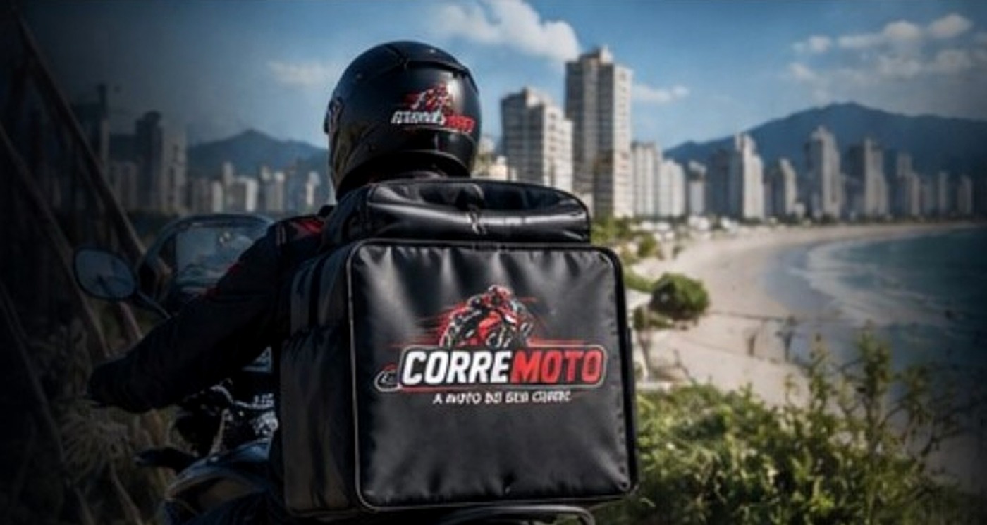 Motociclista com bag CorreMoto e litoral da Baixada Santista ao fundo