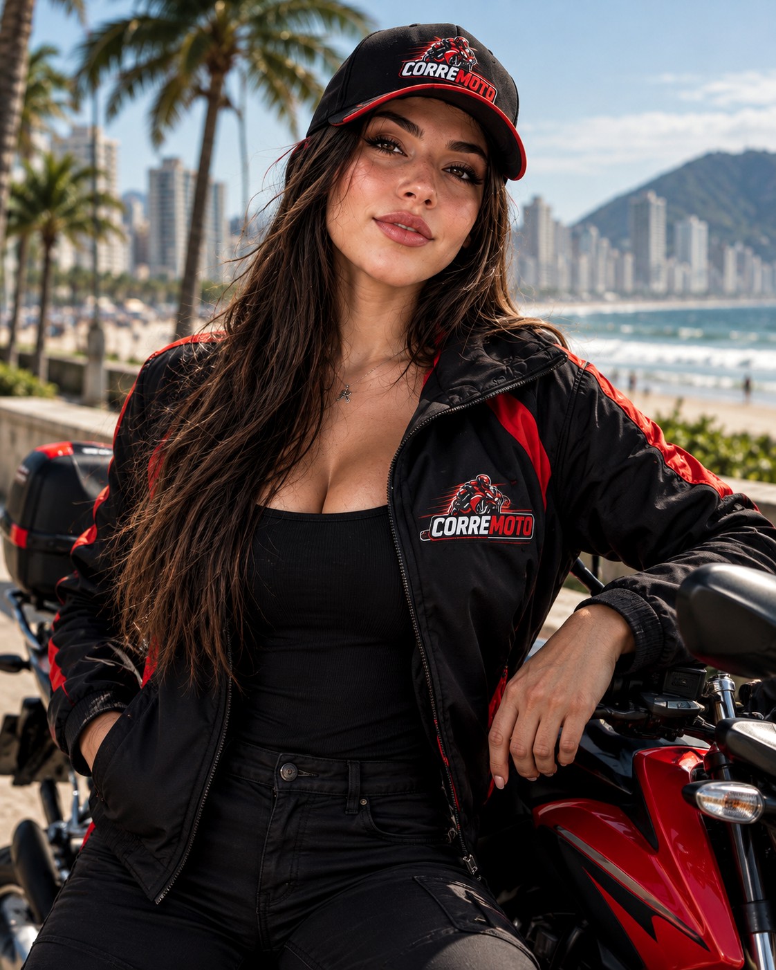 Representante da CorreMoto ao lado de uma moto